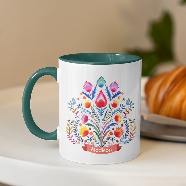 Caneca Monograma floral folclórico festivo Natal (Criador carregado)