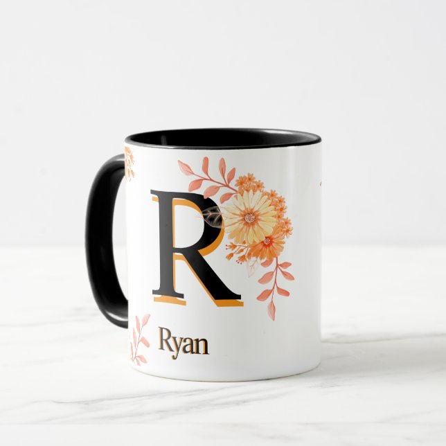 Caneca Monograma Floral - Letra Elegante R Copo de Café (Frente Esquerda)