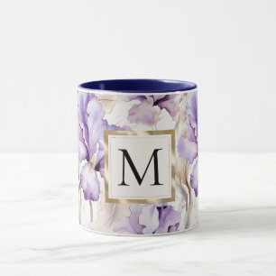 Caneca Monograma Floral Romântico Branco Roxo Íris
