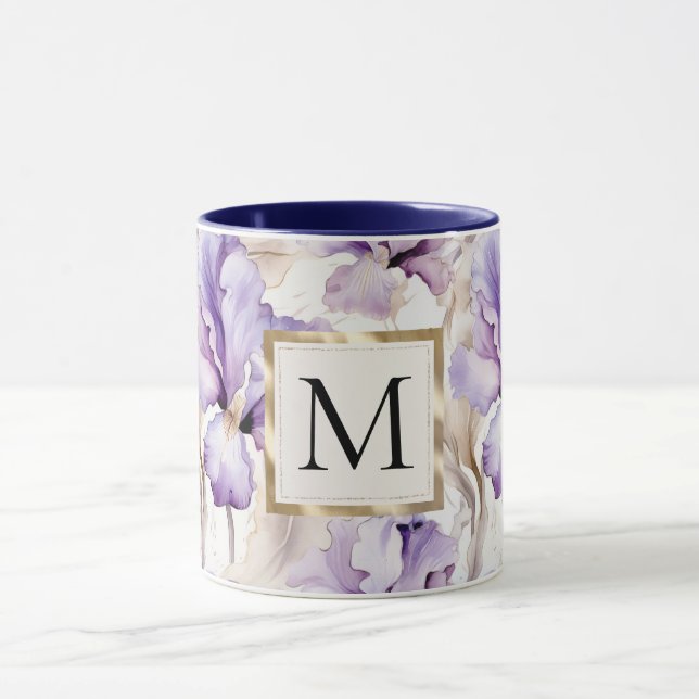 Caneca Monograma Floral Romântico Branco Roxo Íris (Centro)