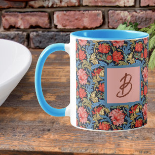 Caneca Monograma Floral Rosa Azul Estilo William Morris