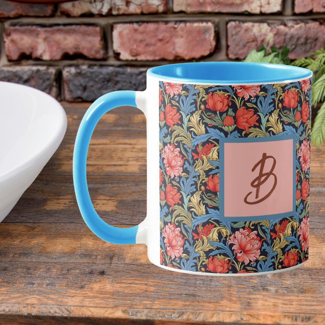 Caneca Monograma Floral Rosa Azul Estilo William Morris (Criador carregado)