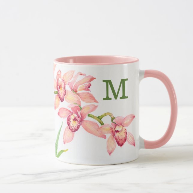Caneca Monograma | Flores De Cor De Água Rosa (Direita)