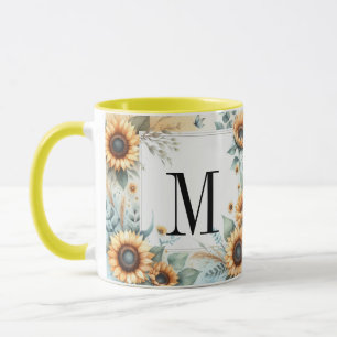Caneca Monograma Flores e girassóis Cor de água