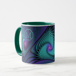 Caneca Monograma Fractal abstrato de Turquesa Roxo