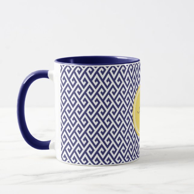 Caneca Monograma geométrico chave grego azul chique dos (Esquerda)