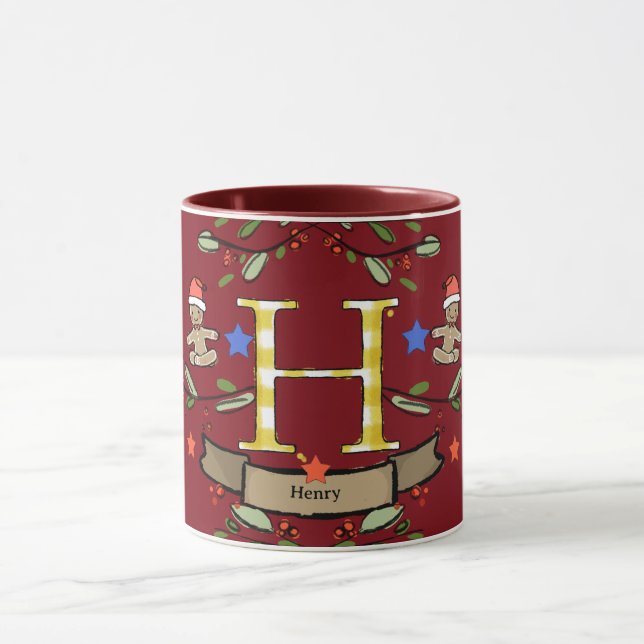 Caneca Monograma "H" de Natal Retro Bonito com o nome (Centro)