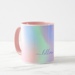 Caneca Monograma holográfico azul-claro verde-arco-íris