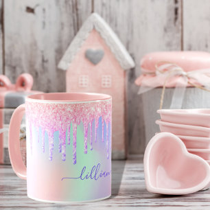 Caneca Monograma holográfico monográfico de arco-íris com