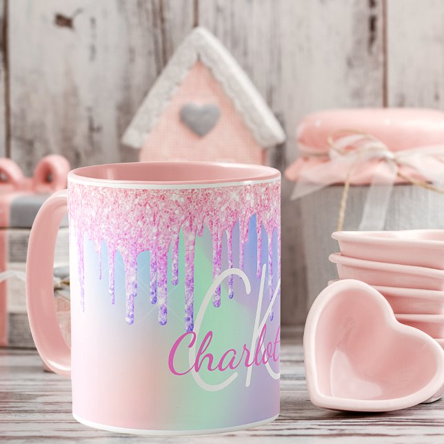 Caneca Monograma holográfico unicórnio glitter nome arco- (Criador carregado)