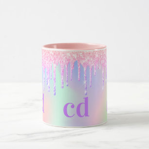Caneca Monograma holográfico unicórnio gotejante arco-íri