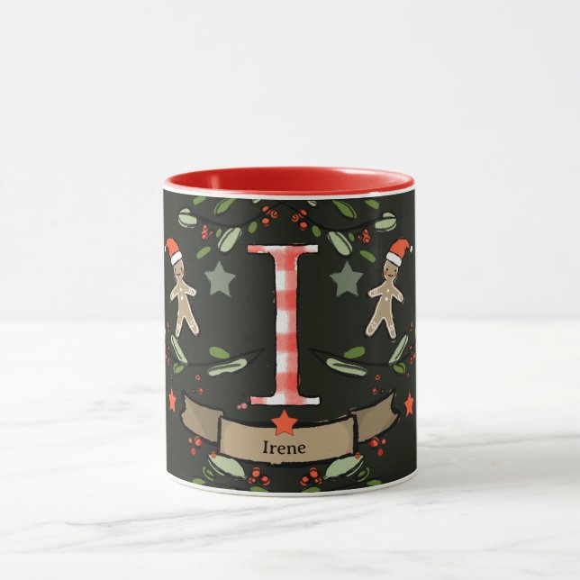 Caneca Monograma "I" de Natal Retro Bonito com o nome (Centro)