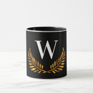 Caneca Monograma inicial de wreath de ouro preto