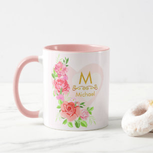 Caneca Monograma Inicial Floral de Rosa em Aquarela Rosa