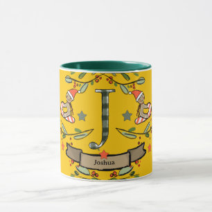 Caneca Monograma "J" de retrato bonito de Natal com nome