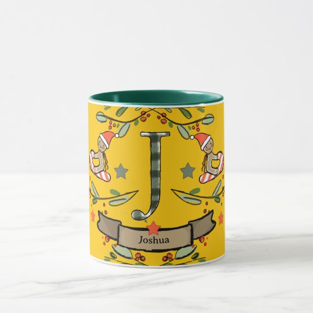 Caneca Monograma "J" de retrato bonito de Natal com nome (Centro)