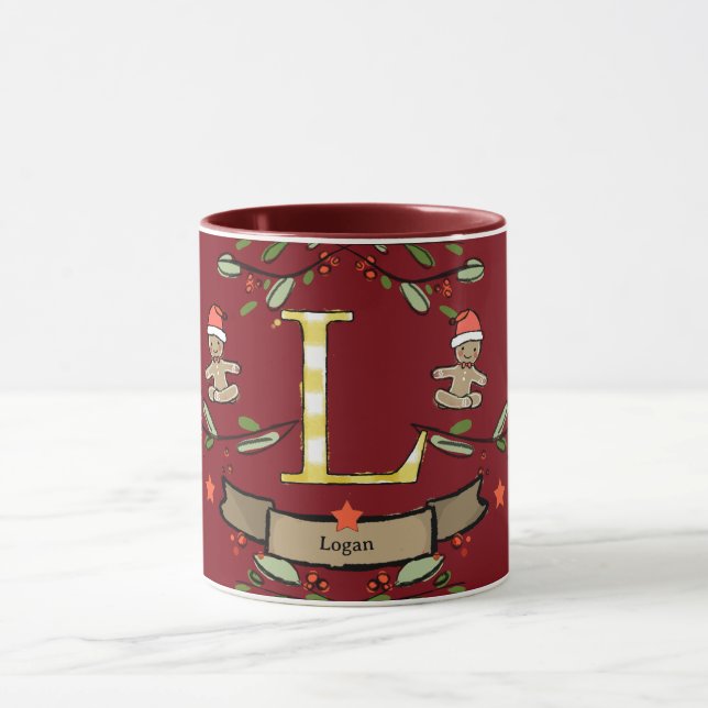 Caneca Monograma "L" de Natal Retro Bonito com o nome (Centro)