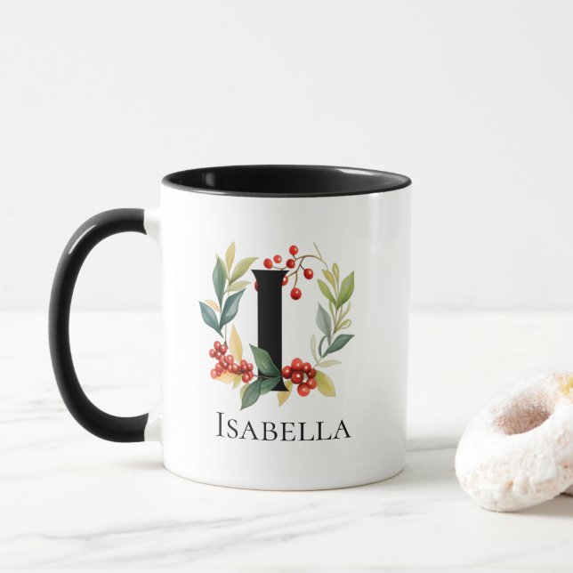 Caneca Monograma - Letra I Berry Wreath de Natal (Com Donut)