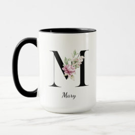 Caneca Monograma, letra M, com flores aquosas