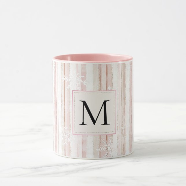 Caneca Monograma Listras Flocos de Neve Rosa Branco (Centro)