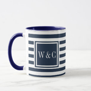 Caneca Monograma marinho Azul e Stripe Branca