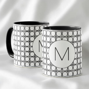 Caneca Monograma Moderno em Preto e Branco com Padrão de 