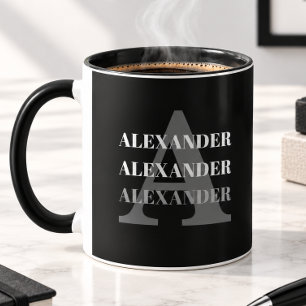 Caneca Monograma Moderno Nome Cinza Preto