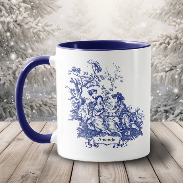 Caneca Monograma, monograma, toile de jouy azul (Criador carregado)