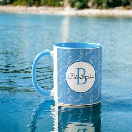 Caneca Monograma Nome Branco Cavalo-marinho Padrão de Esq