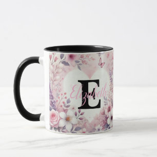 Caneca Monograma nome floral corações romântico aquarela 