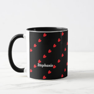 Caneca Monograma Nome Personalizado Corações Vermelhos Cu