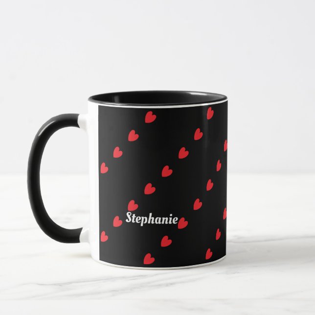 Caneca Monograma Nome Personalizado Corações Vermelhos Cu (Esquerda)