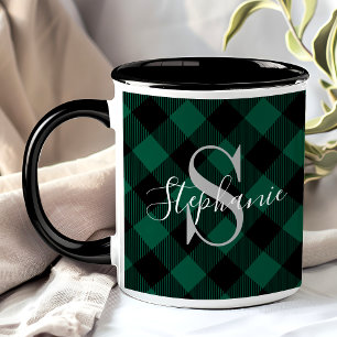 Caneca Monograma Nome Rústico em Xadrez Verde Búfalo