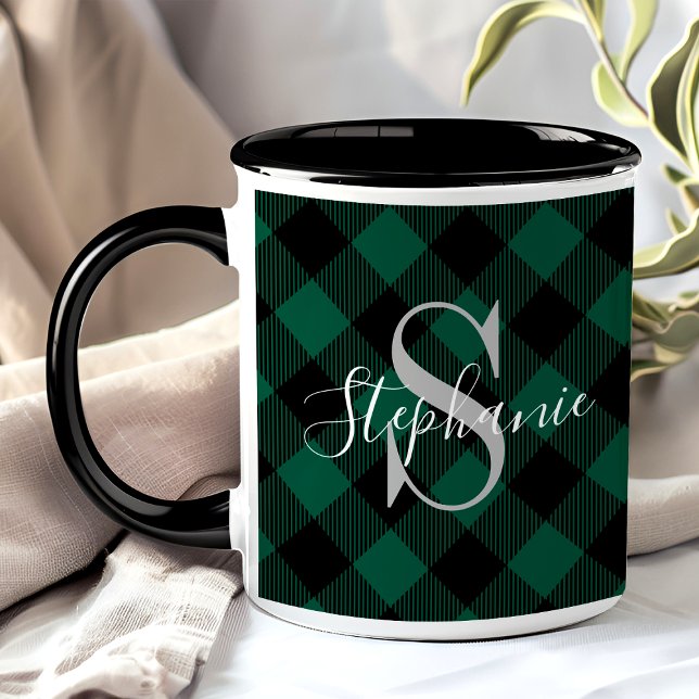 Caneca Monograma Nome Xadrez Búfalo Verde Rústico (Criador carregado)