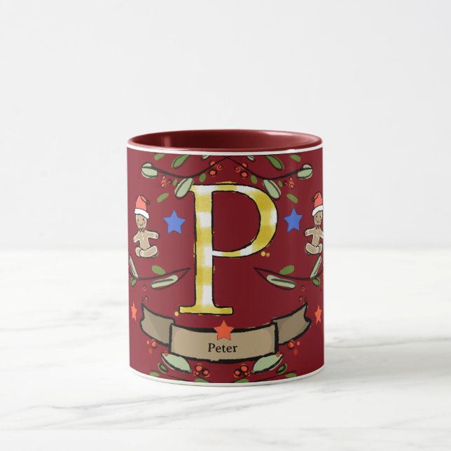 Caneca Monograma "P" de Natal Retro Bonito com o nome (Centro)