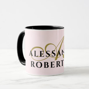 Caneca Monograma Pastel Rosa Dourado Nome Negro Minimalis
