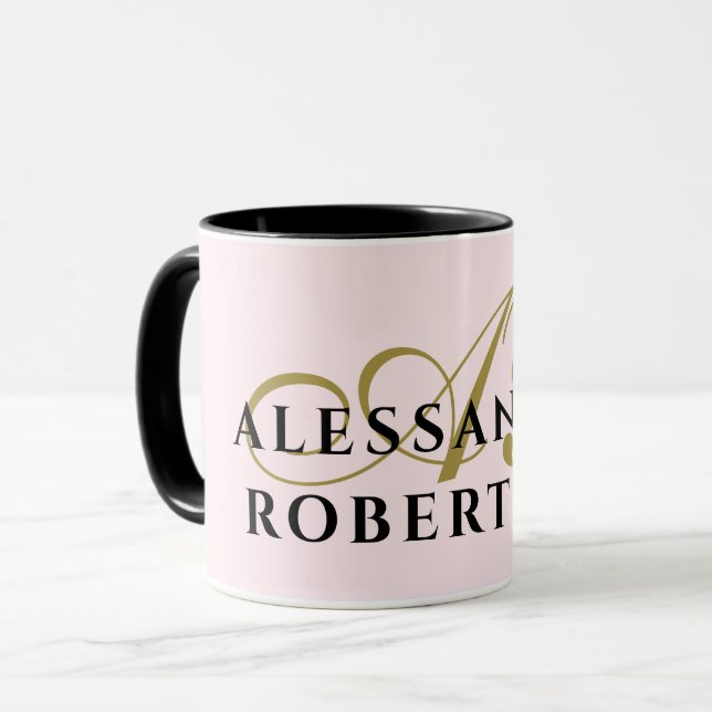 Caneca Monograma Pastel Rosa Dourado Nome Negro Minimalis (Frente Esquerda)