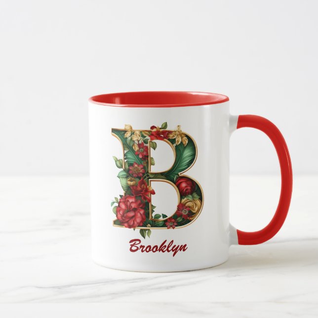 Caneca Monograma personalizado B Ornamentado vermelho Dou (Direita)