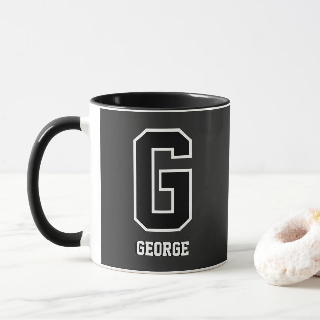 Caneca Monograma Personalizado Branco Preto Personalizado (Com Donut)