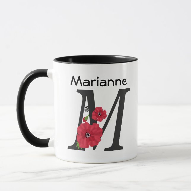 Caneca Monograma personalizado, editável M texto, flor ve (Esquerda)