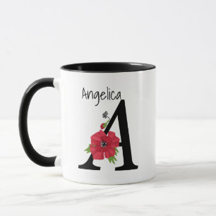 Caneca Monograma personalizado editável Uma flor vermelh