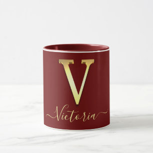 Caneca Monograma Personalizado Elegante Dourado V Nome Mu