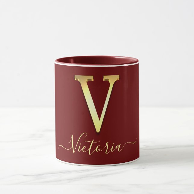 Caneca Monograma Personalizado Elegante Dourado V Nome Mu (Centro)