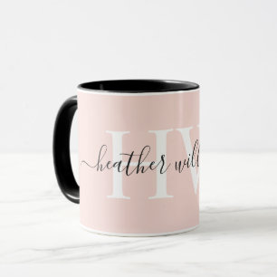 Caneca Monograma Personalizado Rosa Branco Pastel Macio L