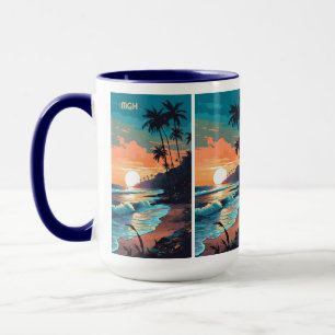 Caneca Monograma Personalizado Tropical Pôr do Sol na Pra