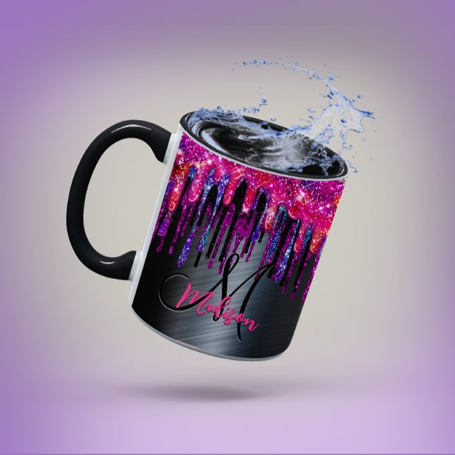 Caneca Monograma preto quente, cor-de-rosa, pingos azuis (Criador carregado)