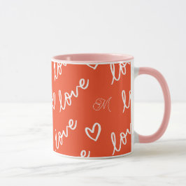 Caneca Monograma Red Love Heart Pattern