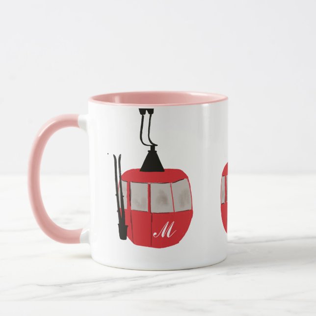 Caneca Monograma Retro Red Ski Gondola Lift Personalizado (Esquerda)