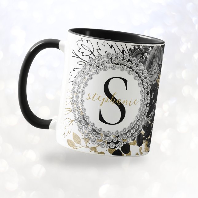 Caneca Monograma Rosas Dourados negros Diamantes luxuosos (mockup view)