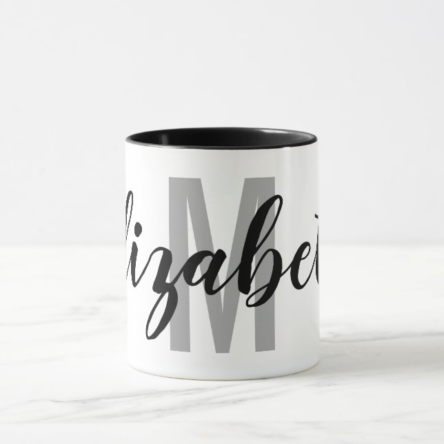 Caneca Monograma Simples de Cinzas Pretas e Script (Centro)